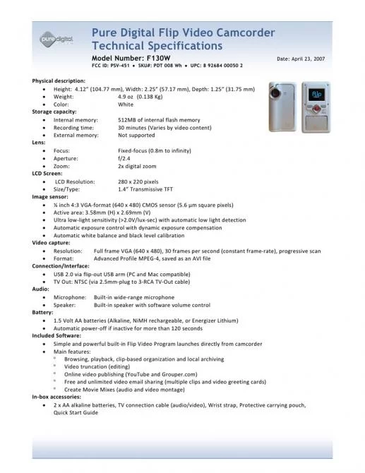The Flip tech spec sheet