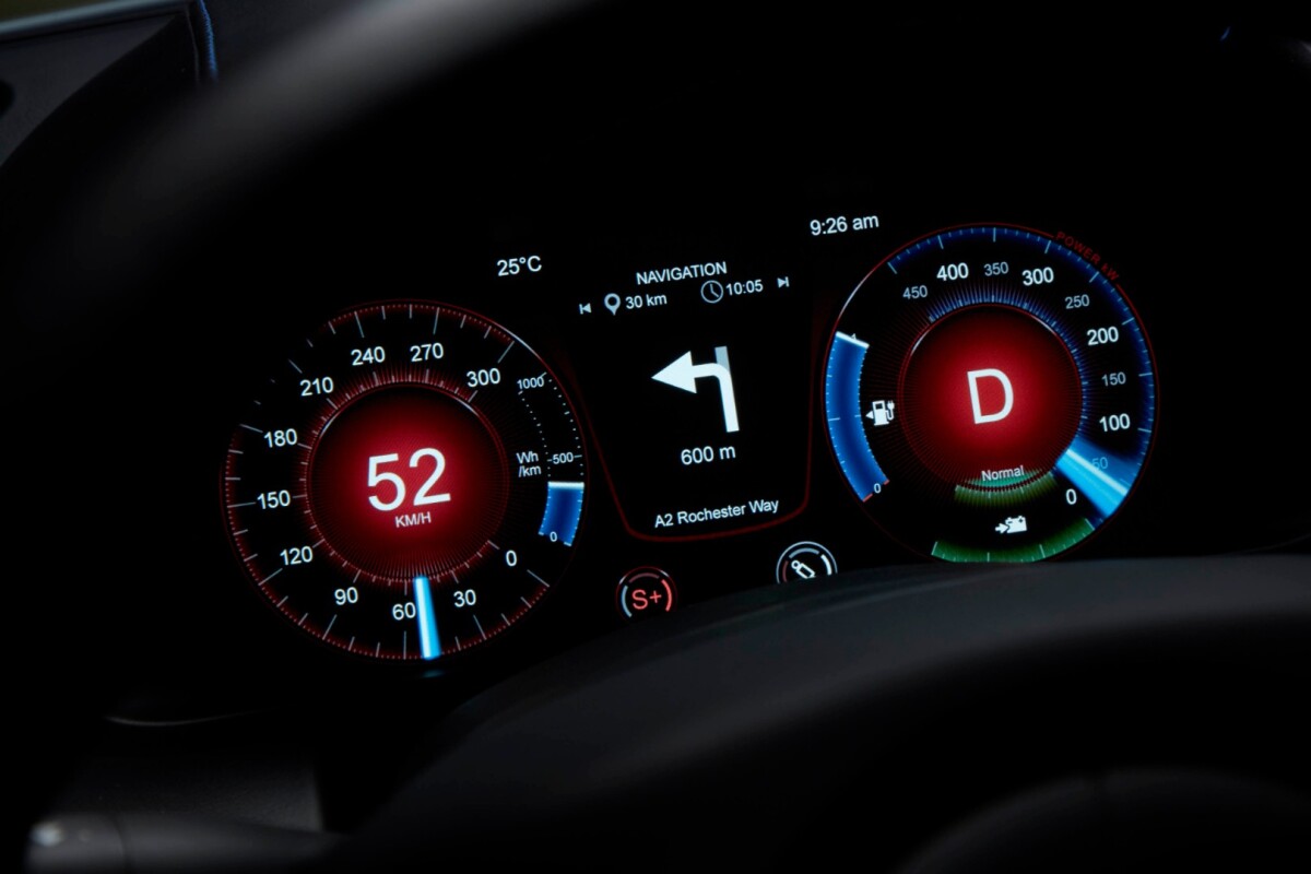 The Rapide E dash in Sport+ mode, with speedo on the left and a power output reading on the right, up to the vehicle's maximum of 450 kW
