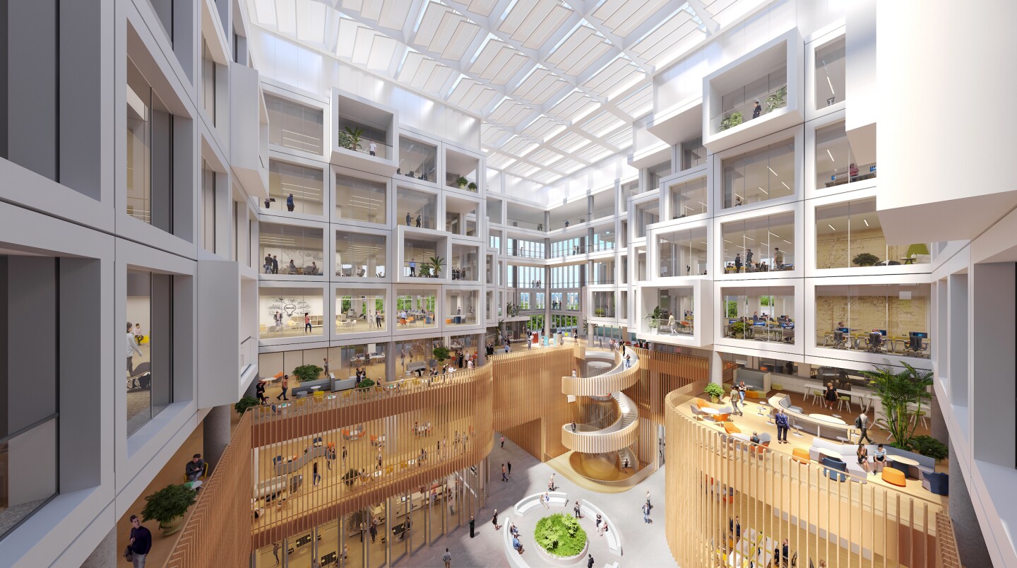 The Shanghai World Laureates Association Artificial Intelligence Lab's upper area will be arranged around a central daylight-filled atrium space