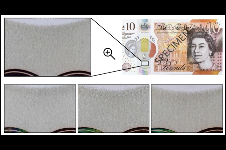 A demonstration of the feature area from a £10 polymer banknote (top) – three snapshots at the bottom show the random variation of the patterns for three different £10 banknotes