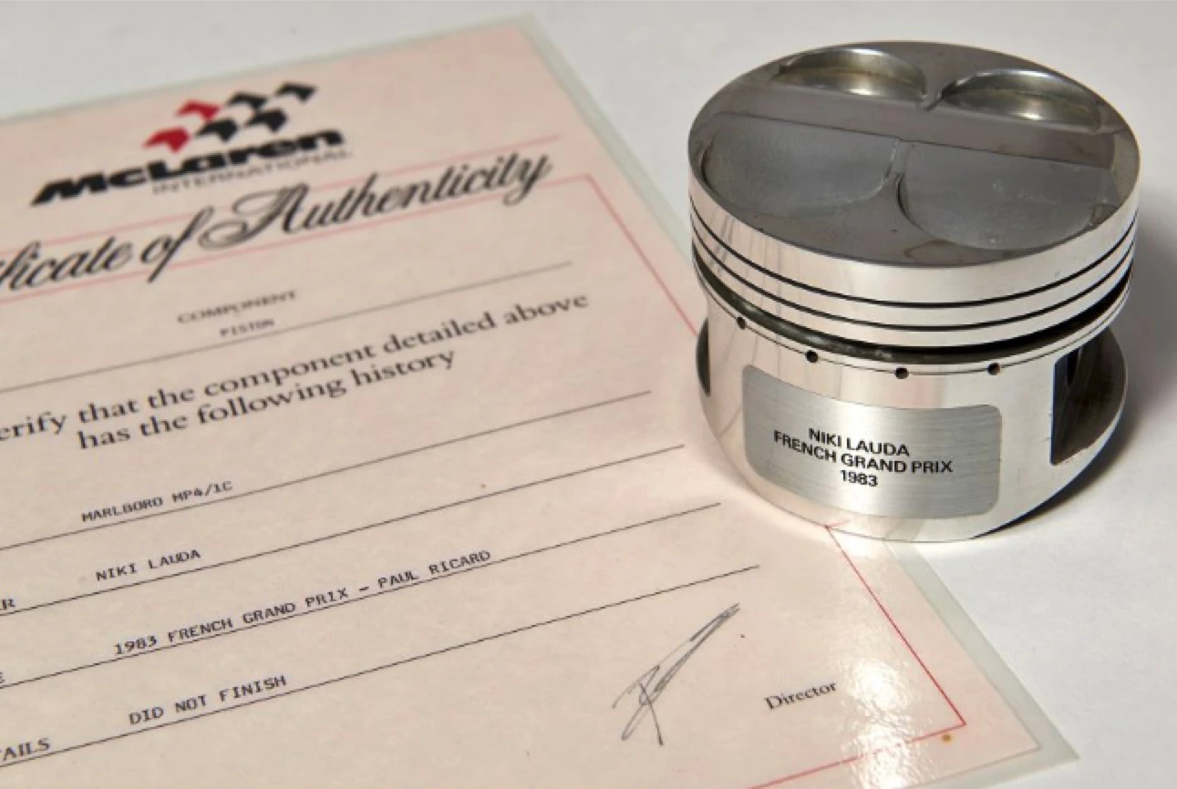 There's some wonderful stuff amongst the offerings, including this piston used in the 1983 French Grand Prix in the McLaren MP4 of Niki Lauda, complete with a McLaren authenticity certificate