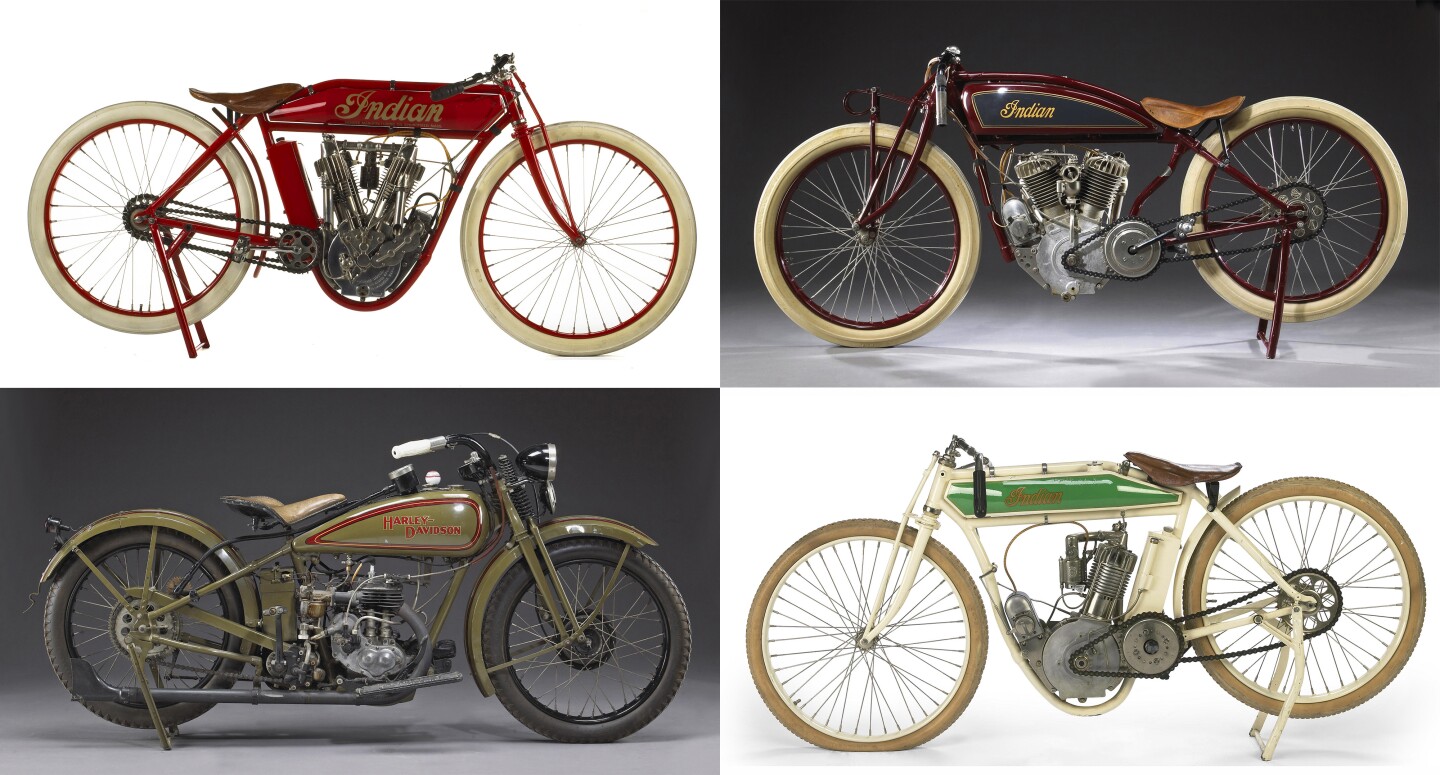Several of Stephen Wright's restorations have crossed the auction block in recent times: From top left clockwise, a 1912 Indian V-Twin Board-Track Racer which sold for $61,500,a 1920 Indian Powerplus "Daytona" Racing Motorcycle which sold for US$150,000, a 1929 Harley-Davidson Model B which sold for US$ 37,440, and a 1914 Indian Model F board track Racer which sold for $34,500