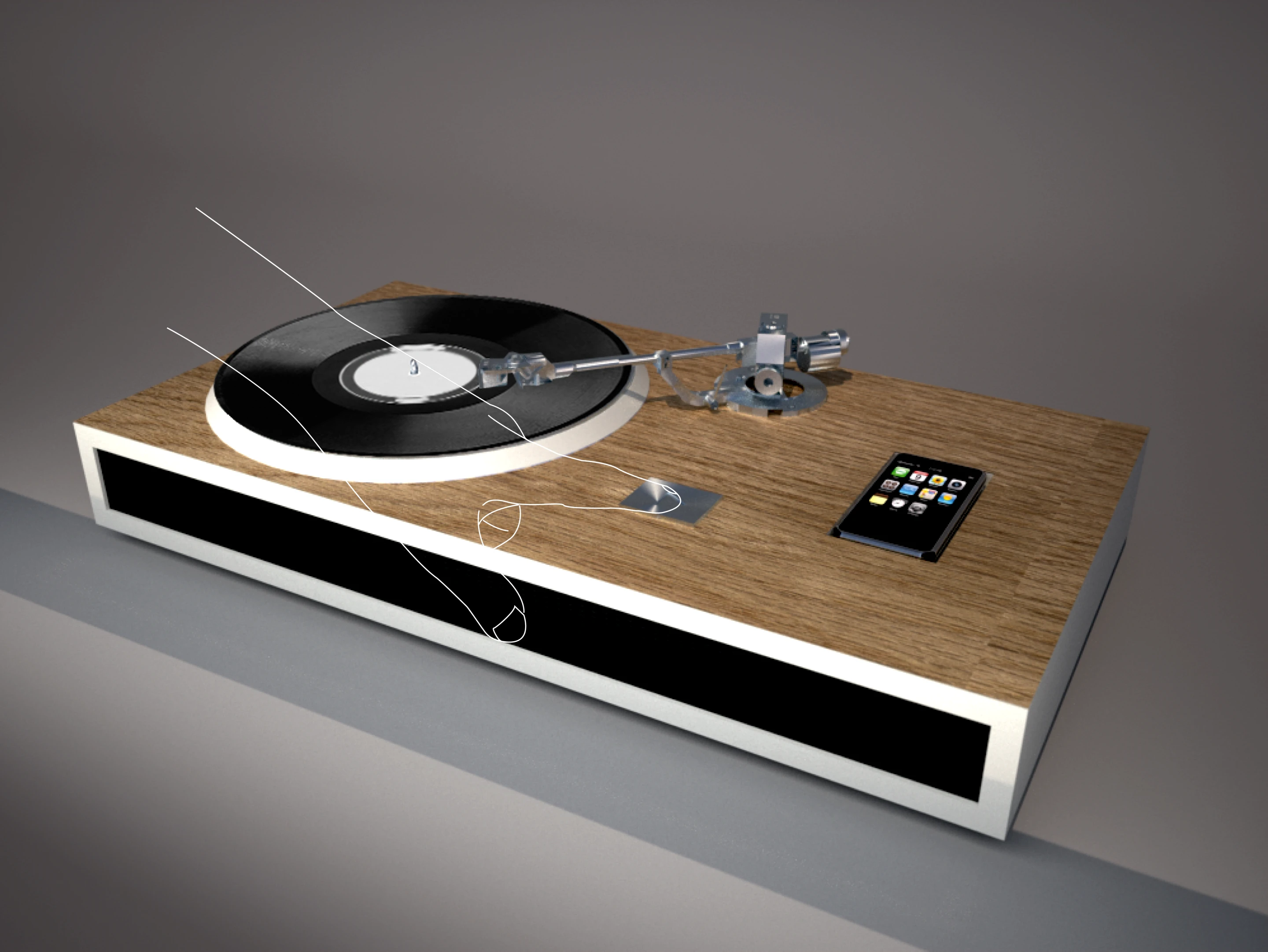 The Turntable iPhone Dock transfers vinyl music to a docked iPhone while also charging the smartphone