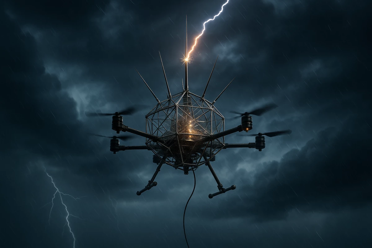 This image, created using generative tools, depicts the moment a lightning strike hits a faraday-caged drone, routing an enormous spike of energy down a ground wire. Scroll down for images of the actual device