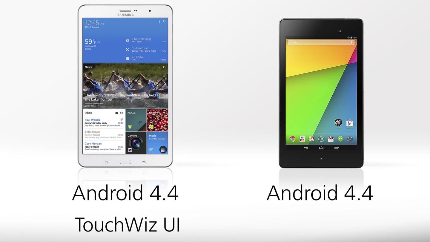 Both tablets run KitKat, but the Galaxy Tab has a thick layer of TouchWiz hiding its Android underbelly