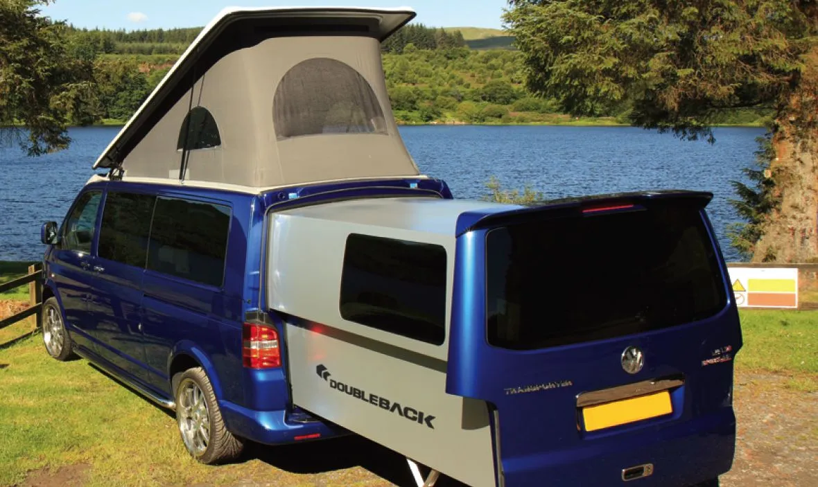 The DoubleBack is a sliding pod that extends the interior space of the Volkswagen T5 Transporter van