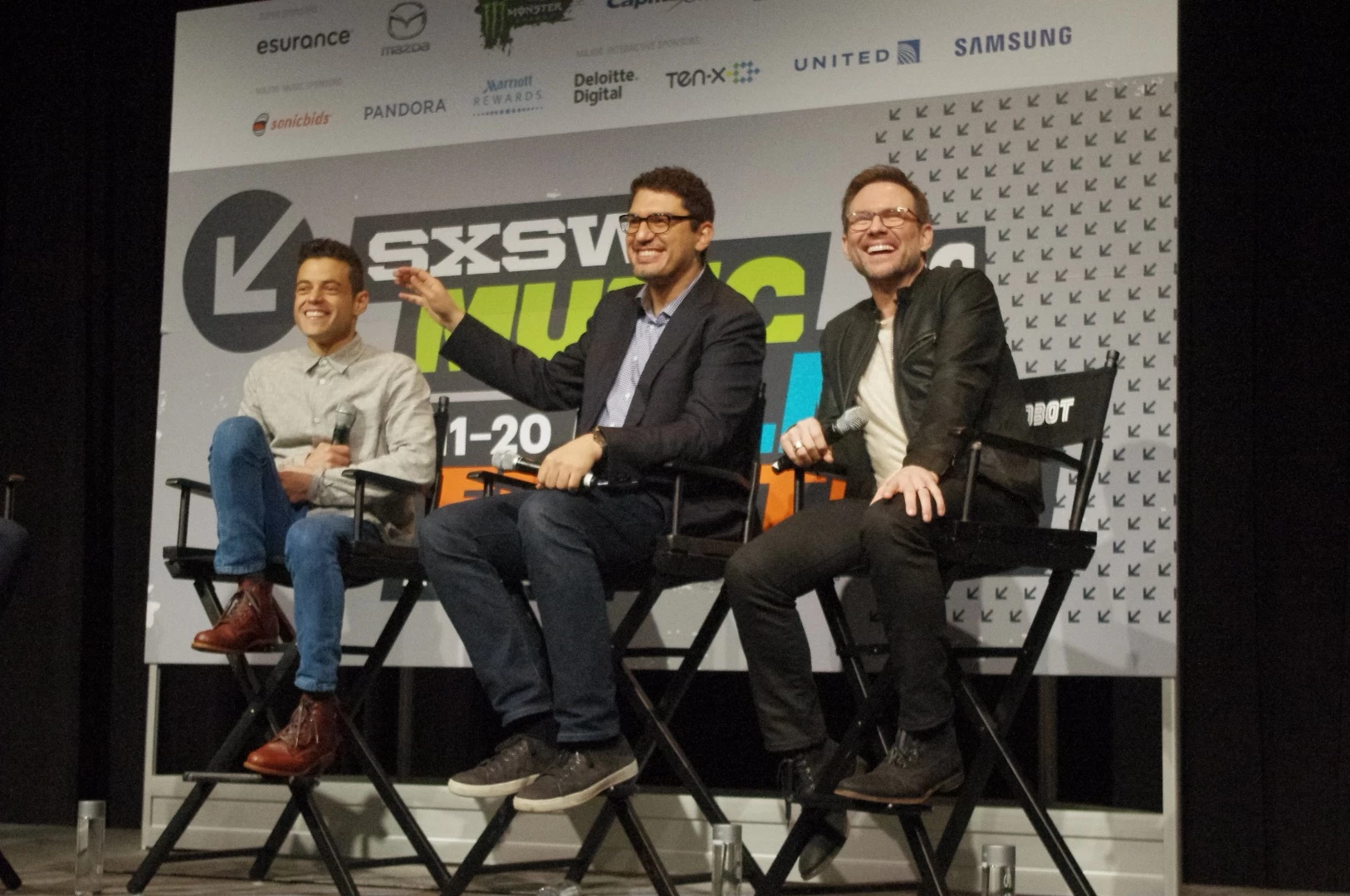 From left, Malek, Esmail and Slater took the stage to answer questions about the show, particularly how it achieves its startling level of authenticity