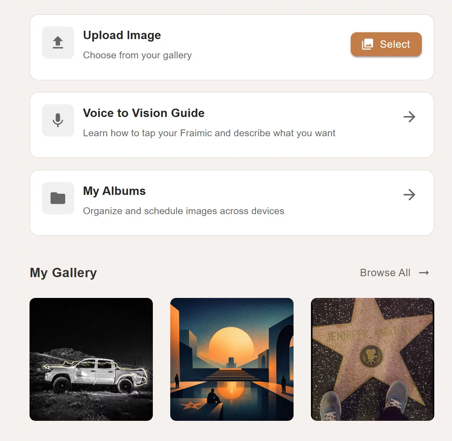 Fraimic's dashboard when I log in on the website to create galleries and the like. Shout out to my homegirl, Jennifer Aniston