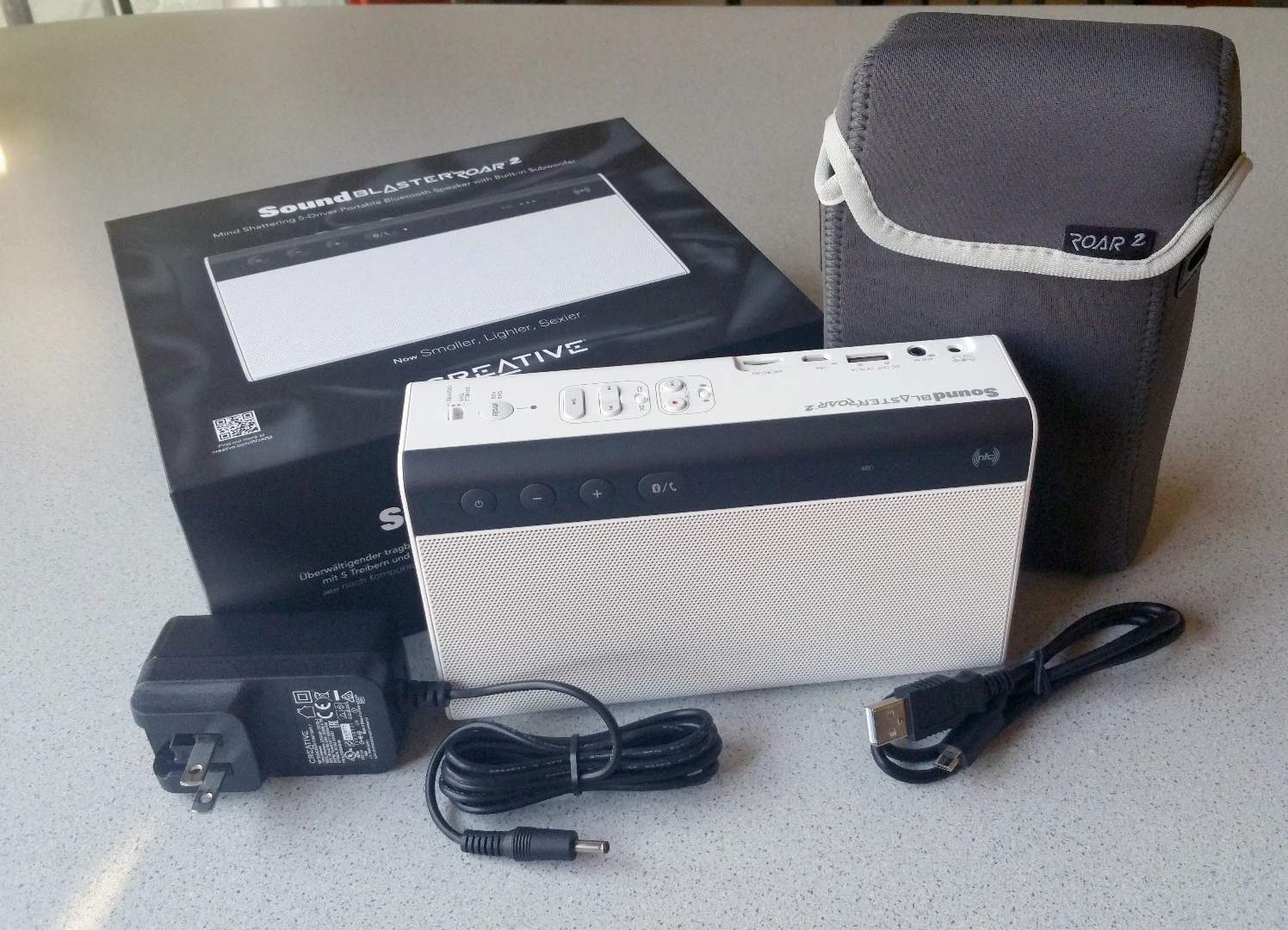 Creative Labs keeps it simple, including only wall adapter and USB cable with the Sound Blaster Roar 2 speaker (carrying case sold separately)