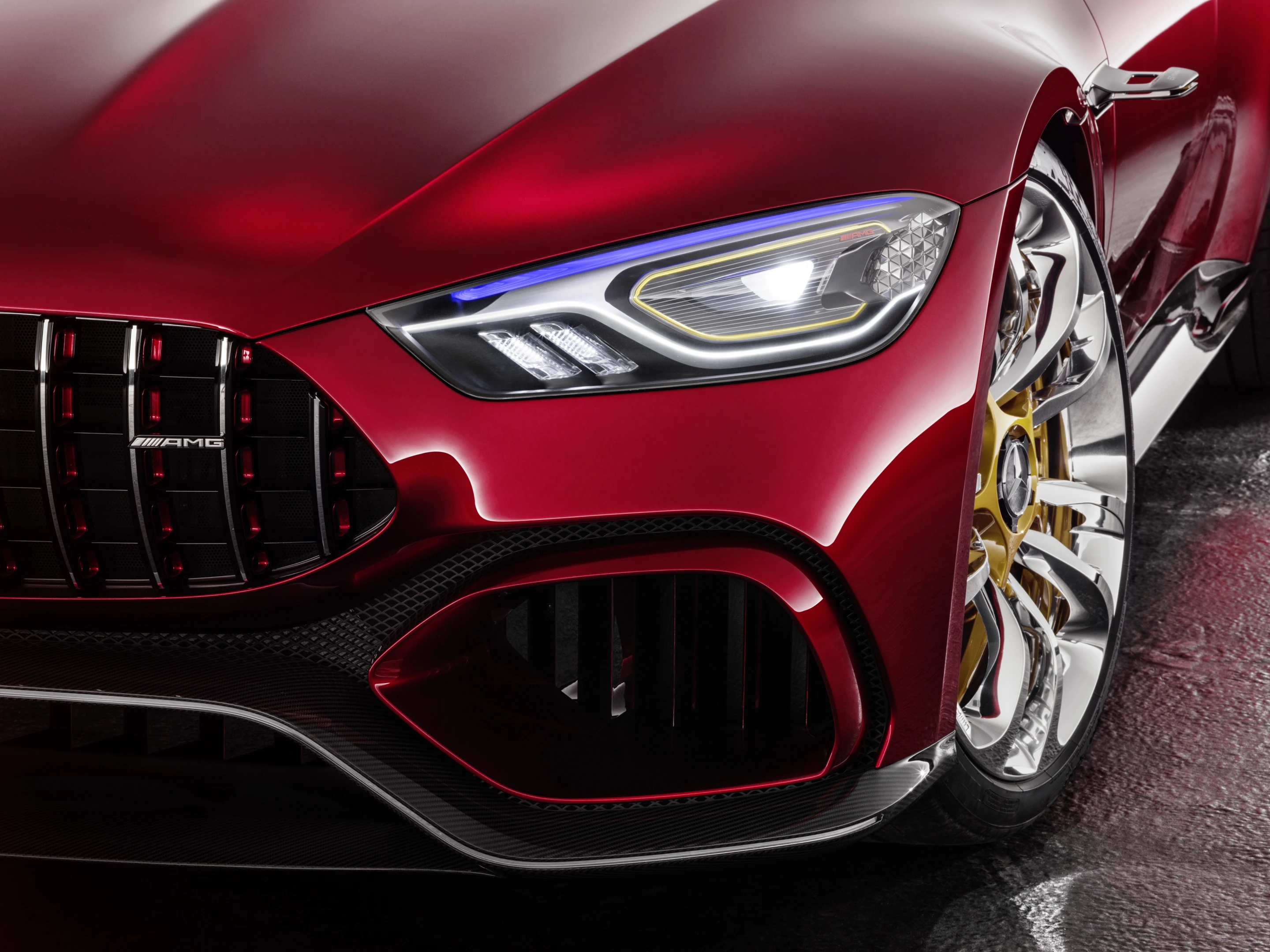 Mercedes uses active shutter technology up front for better aerodynamics and thermal management