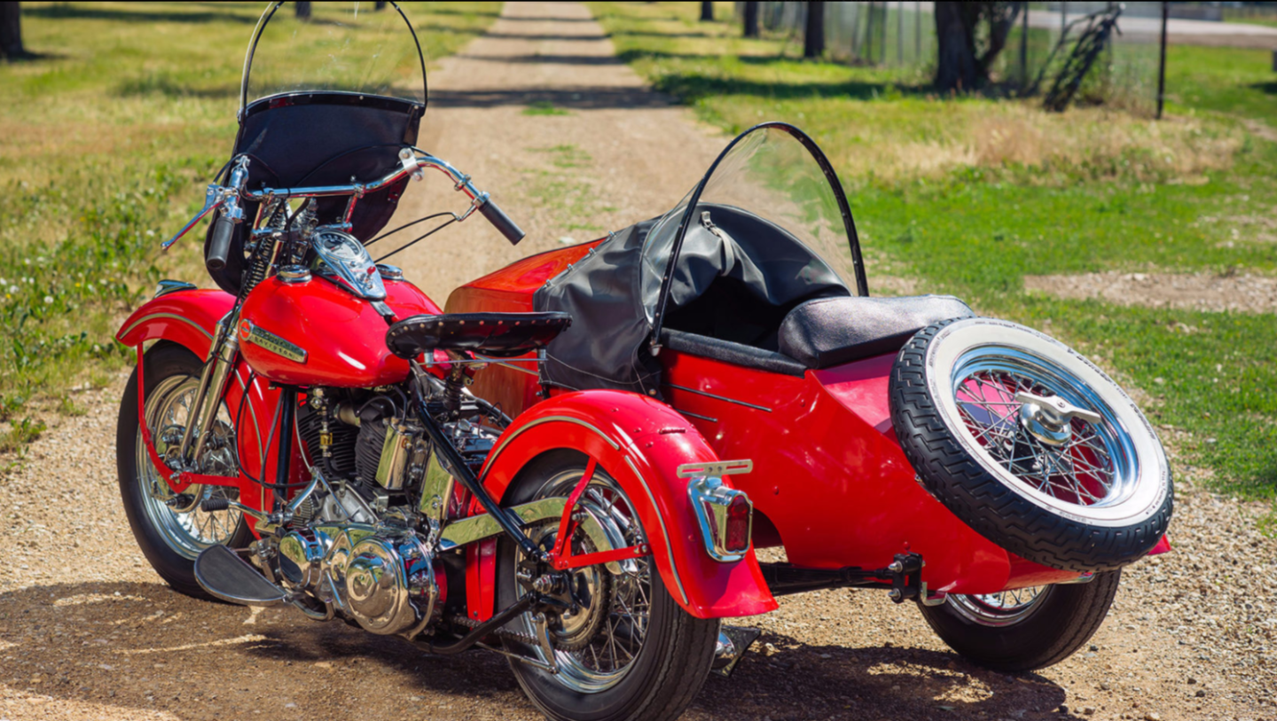 This 1947 Harley-Davidson FL "Knucklehead" is fitted with a 1946 Harley-Davidson sidecar and has just 1,000 miles on the odometer since a cosmetic and mechanical restoration. Estimated at $50,000 to $60,000, it sold for $33,000. Official Auction Description