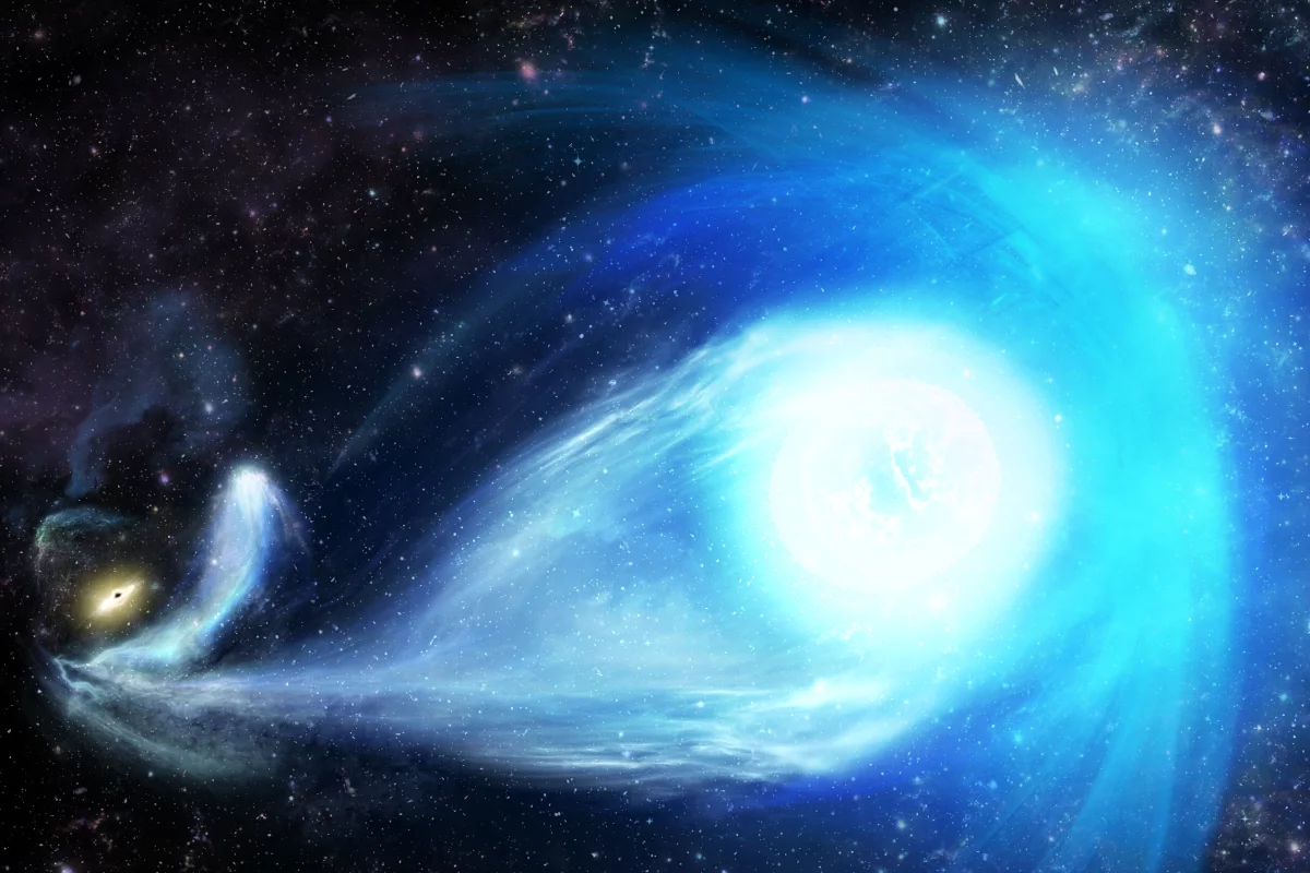 An artist's rendition of a hypervelocity star, being ejected away from a supermassive black hole