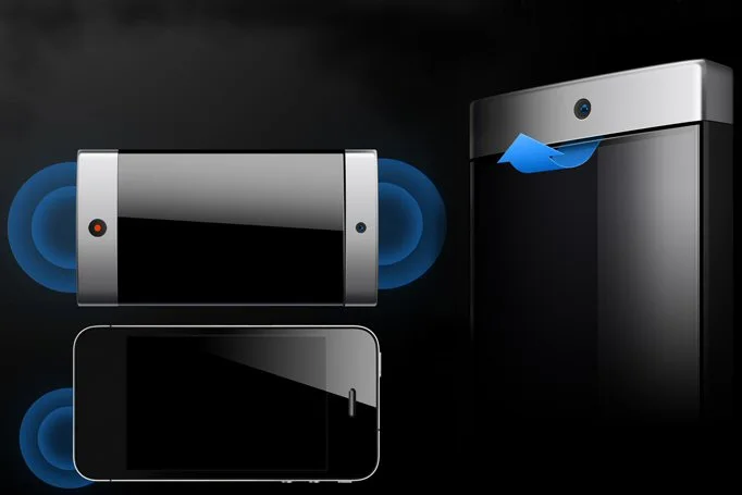 The concept features stereo speakers and a channeling system to send the sound through to the face of the phone during a call