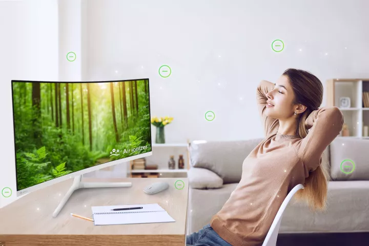 "The ionizer purifies air directly in front of the viewer for comfortable productivity and entertainment, making it ideal for those who spend long hours in front of a screen"
