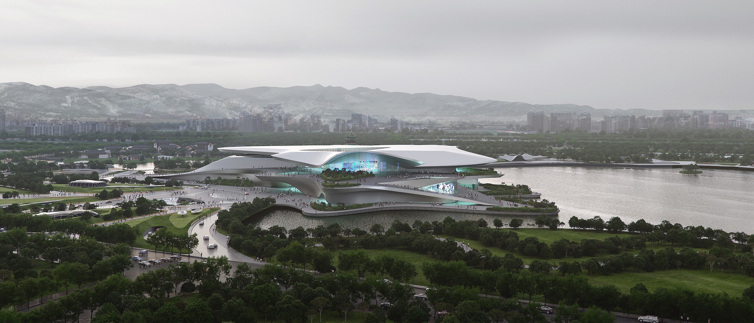The Chengdu Science Fiction Museum will be situated next to a lake and feature extensive landscaping made up of local plants and trees