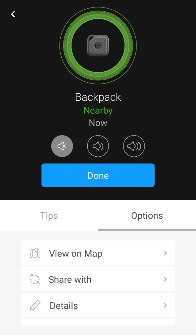 If the Tile Sport's audible alarm isn't practical, a visual guide mode uses green circles to show whether you're getting "warmer or cooler" from the object