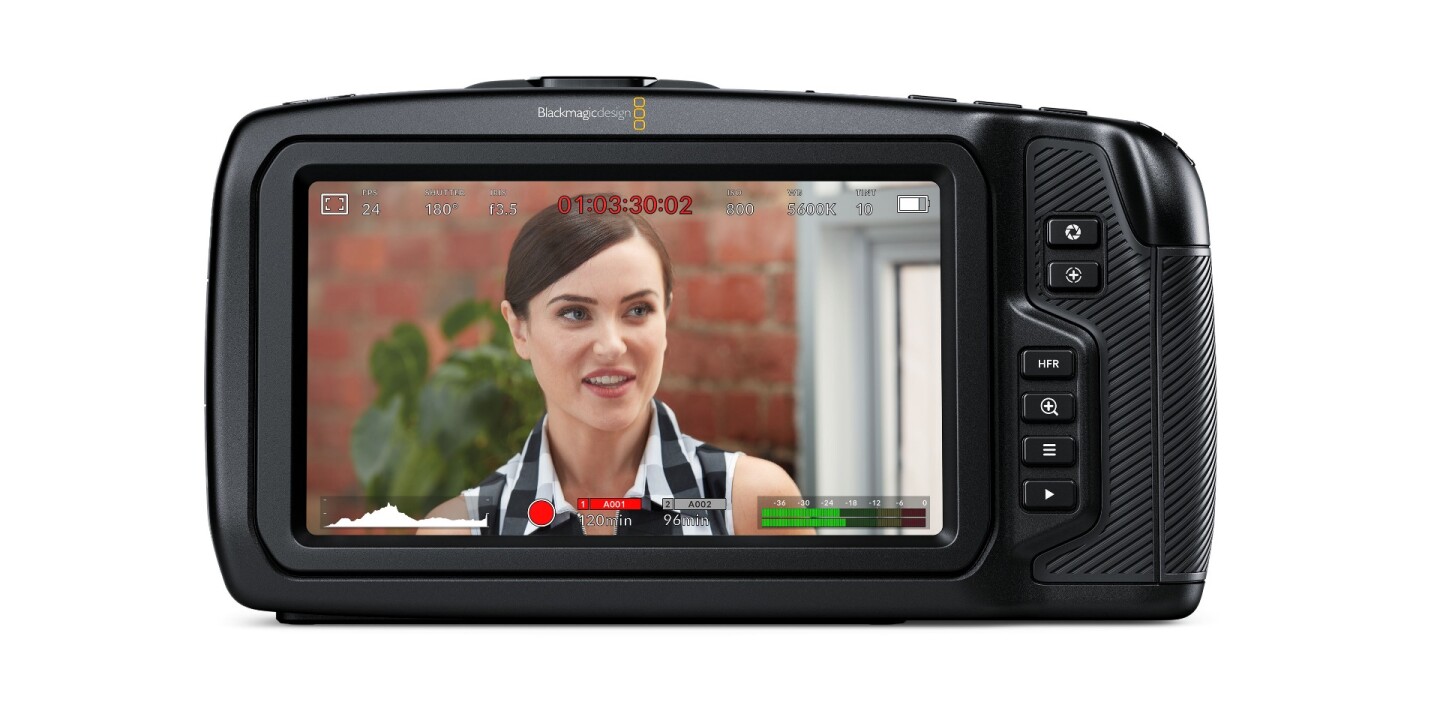 Around back of the Blackmagic Pocket Cinema Camera 4K is a 5-inch LCD touchscreen display panel to monitor the action being recorded