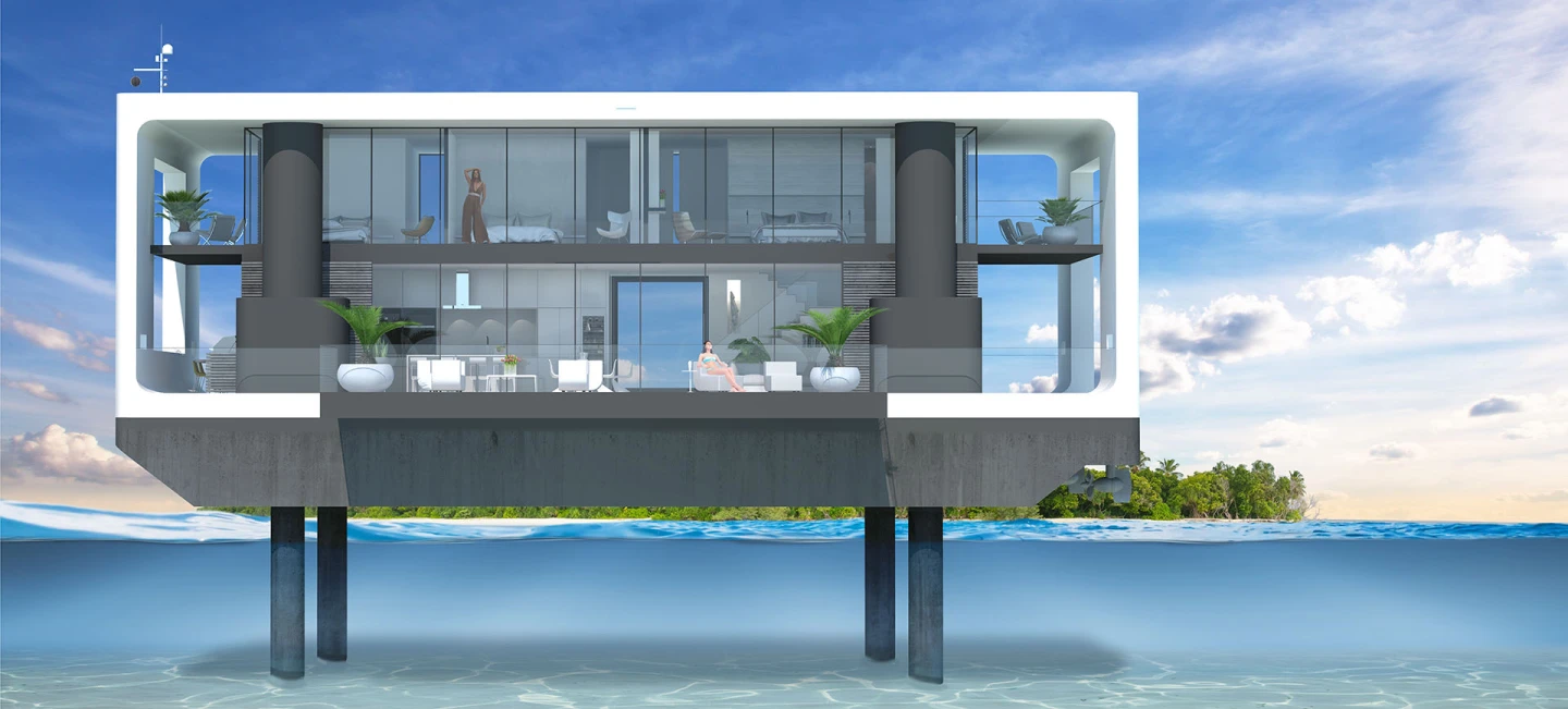 Arkup liveable yacht concept: hydraulic "spuds" stabilize the entire home and can lift it up above 20 feet of water