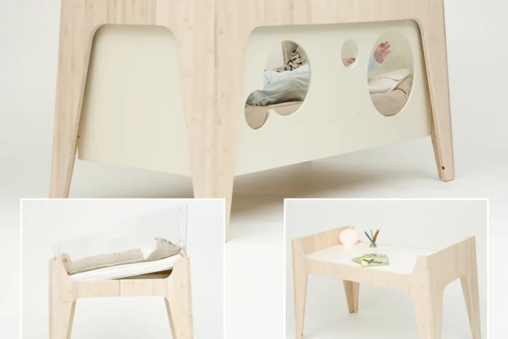 Castor & Chouca's Soleil convertible baby bed starts life as a cradle and ends up as a junior desk