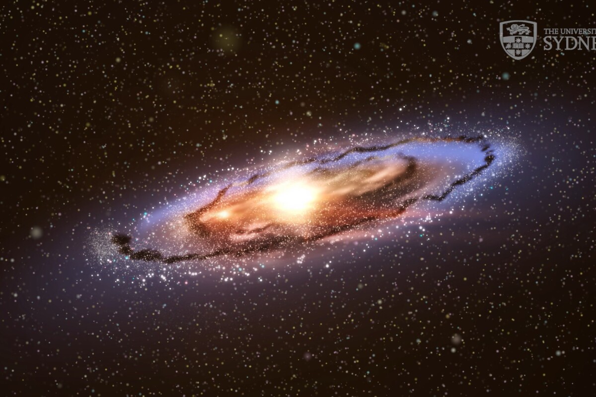 Still frame from a University of Sydney animation, showing how Andromeda may have destroyed the dwarf galaxies