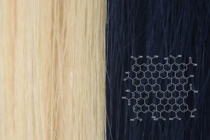 Blonde hair, before and after being treated with the dye (the molecular structure of graphene is shown at right)