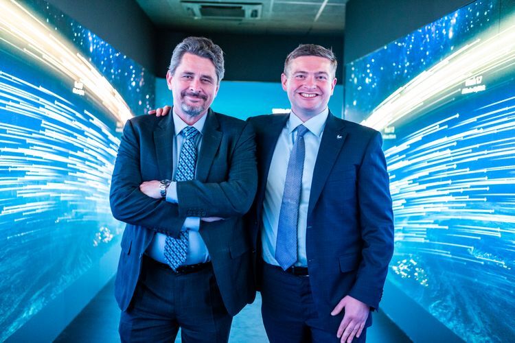 Tom Jones, left, president for Northrop Grumman Aeronautics Systems, and Blake Scholl, right, founder and Chief Executive Officer of Boom Supersonic