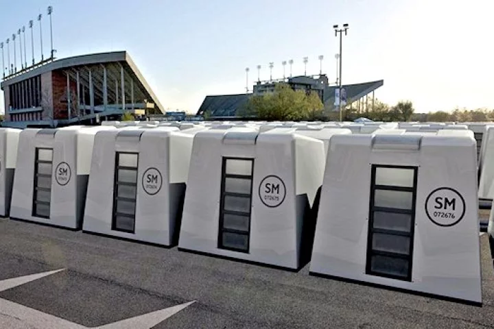 The Reaction Housing System deployed in a stadium parking lot (Photo: Reaction Housing Systems)