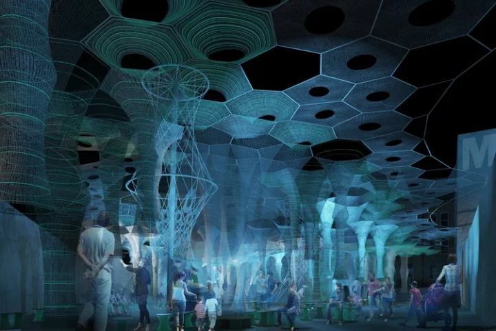 The multisensory Lumen gives off a glow at night due to photo-luminescent fabric