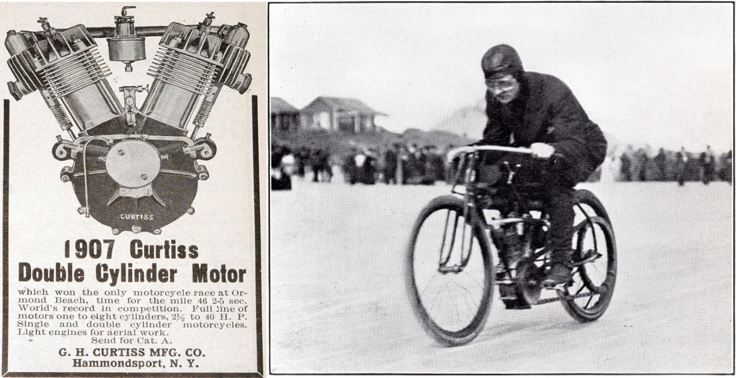 An advert for Glenn Curtiss' enterprizes 116 years ago, and a newspaper clipping of Curtiss on Ormond Beach, setting a world speed record for a motorcycle on this very same model.
