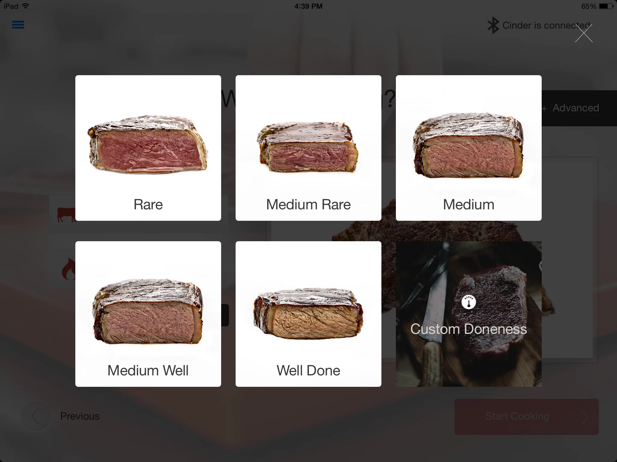 The Cinder Sensing Cooker app doneness selection