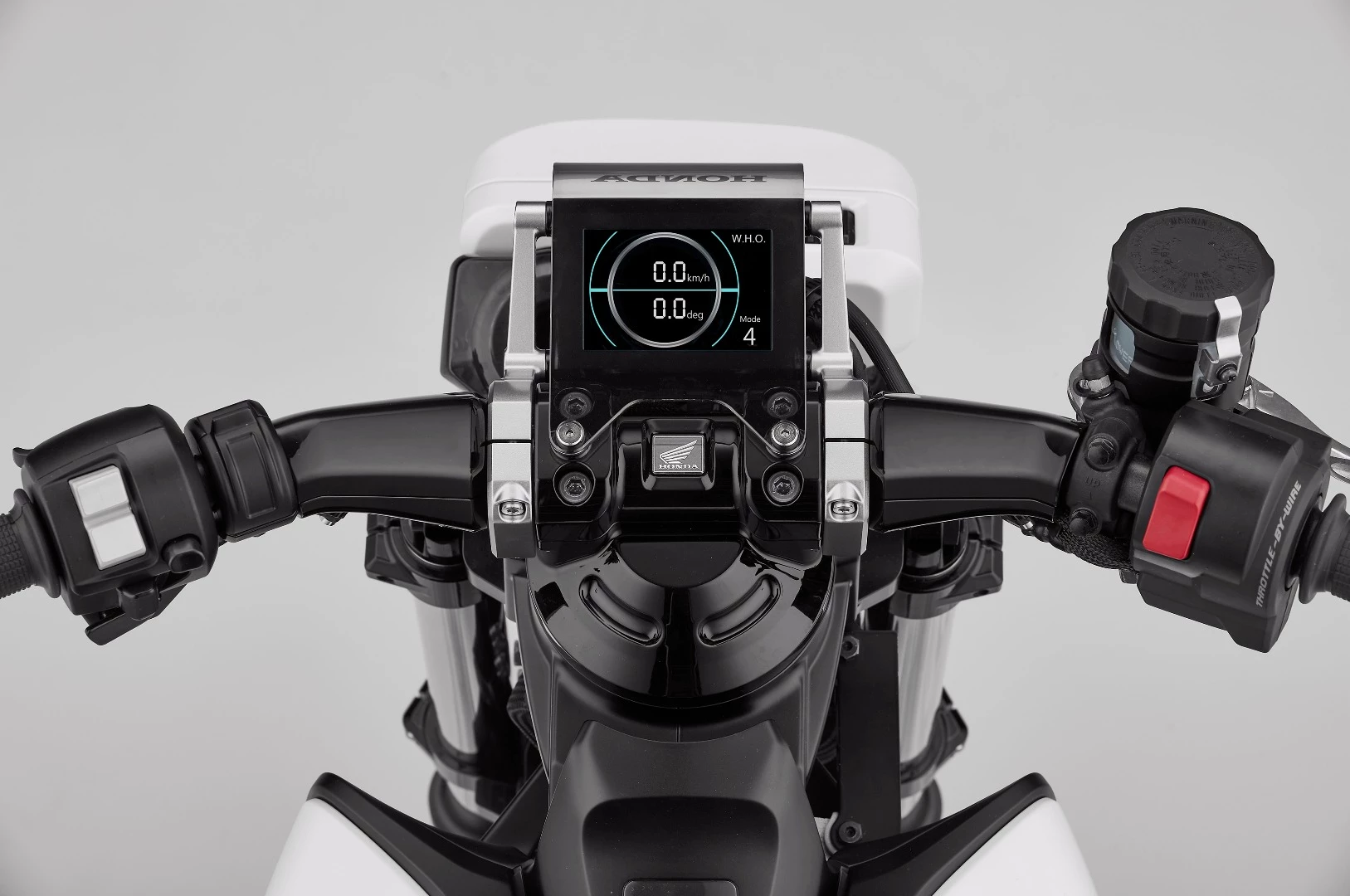The instrument panel suggests the bike will be configurable for different levels of newbies, as it is pictured displaying "Mode 4", so there will be at least four modes, perhaps more. The number of degrees of lean is also displayed on the dash, perhaps indicating the bike can be configured to intervene at a particular lean angle and deactivate at a particular speed.