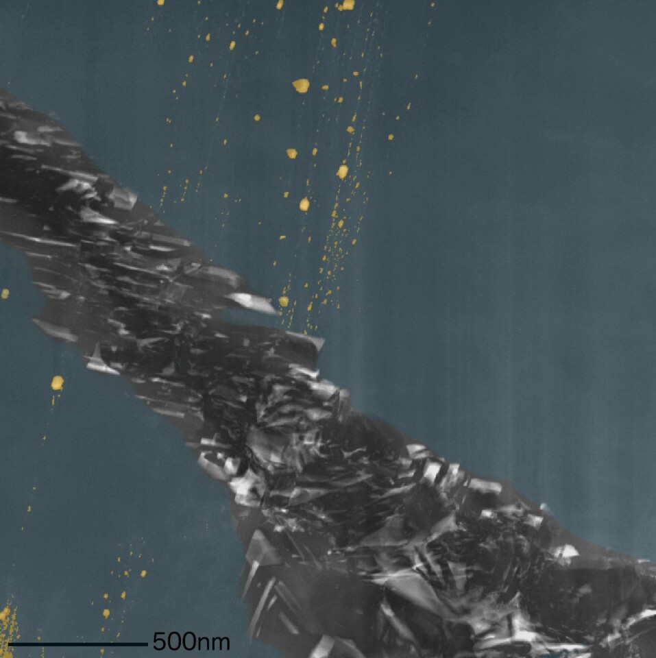 A colorized scanning transmission electron microscope image of the meteorite samples, showing the diamond (blue), inclusions (yellow) and the graphite region (grey)