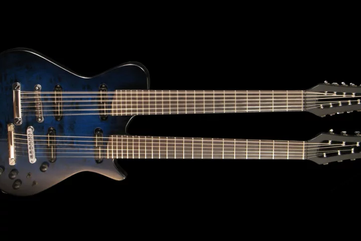 The Doubleneck guitar from Veillette Guitars benefits from unique new neck geometry which allows the twin necks to be positioned closer to each other, and is said to weigh in lighter than some single neck models