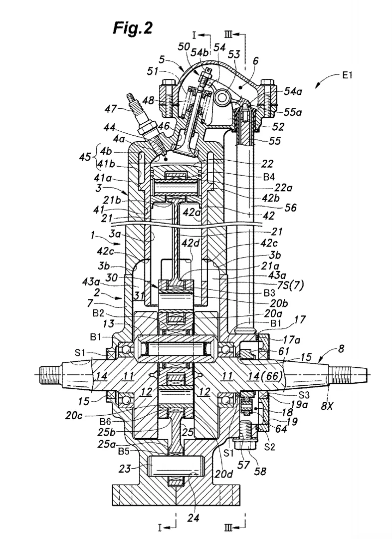 Front-on view of Honda's two-stroke injected engine. Note the wide platform at the bottom - this could be a mounting flange if this was to be used as a general purpose industrial engine