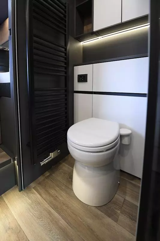 The Niesmann + Bischoff Flair has toilet and shower areas split by a sliding glass door