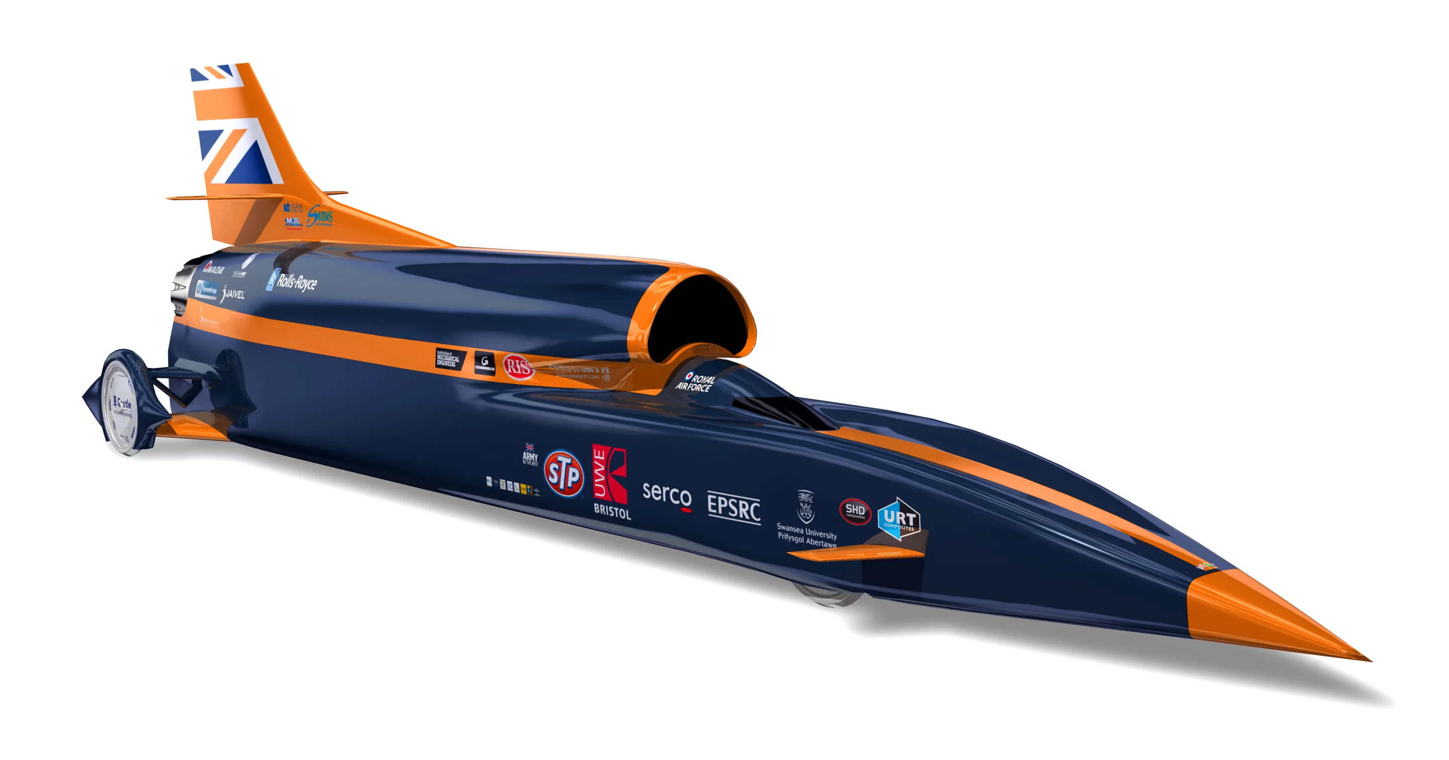 The BLOODHOUND SSC hopes to reach speeds of more than 1,000 mph (1,610 km/h) in 2015 with its 3D-printed nose tip