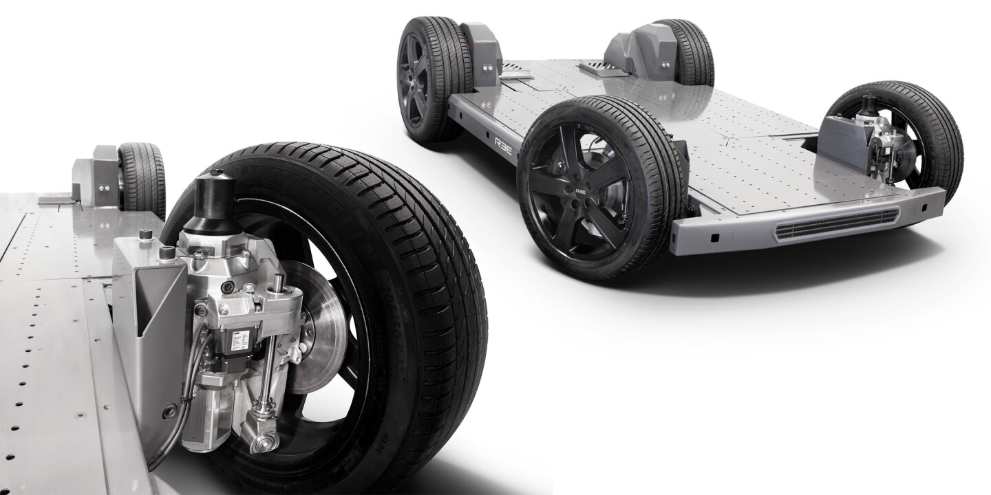 REE's chassis is full of battery and as flat as they come, with the wheels, motors, steering, suspension and braking systems all integrated into bolt-on corner modules