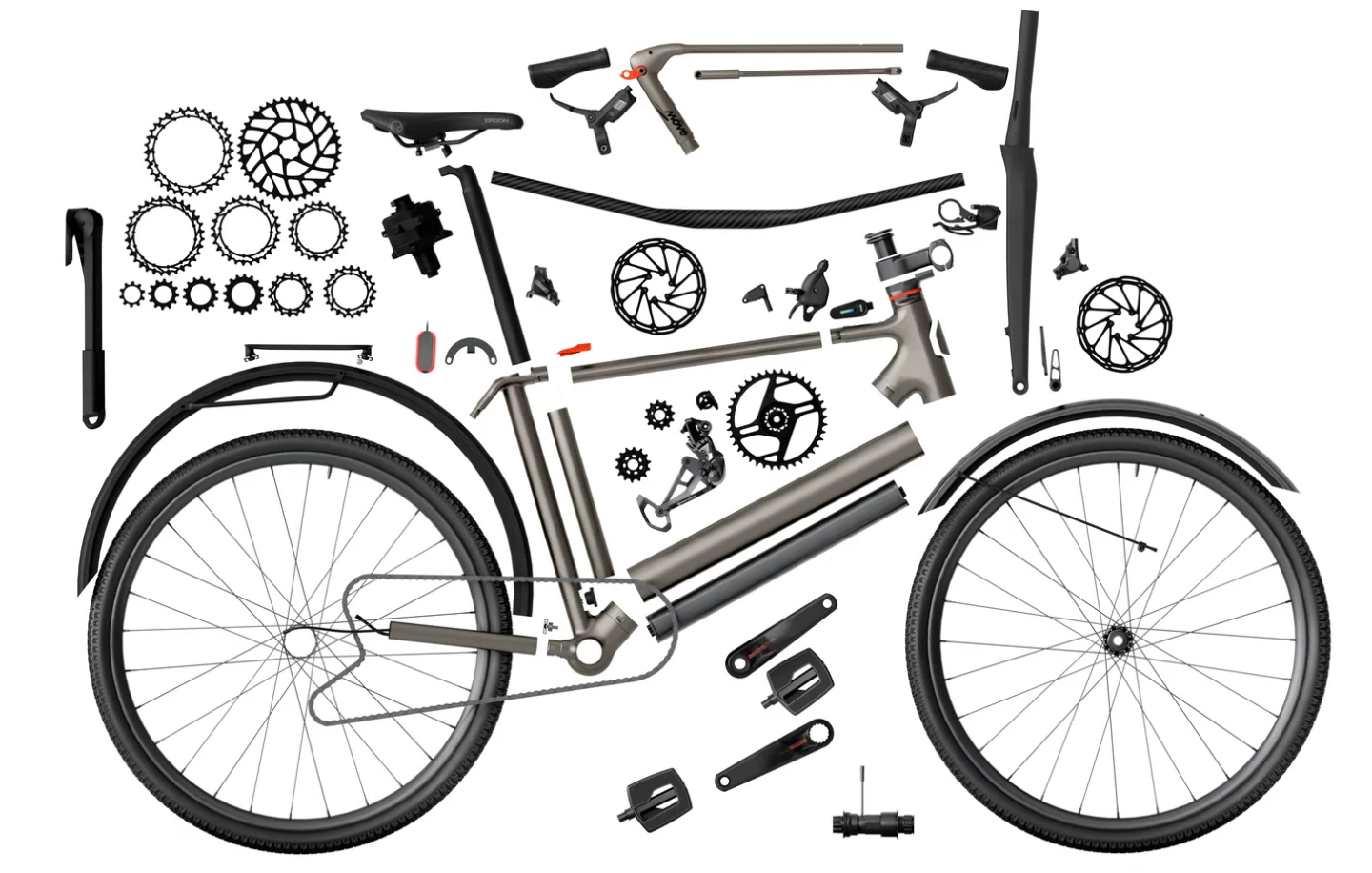 An exploded view of the bike