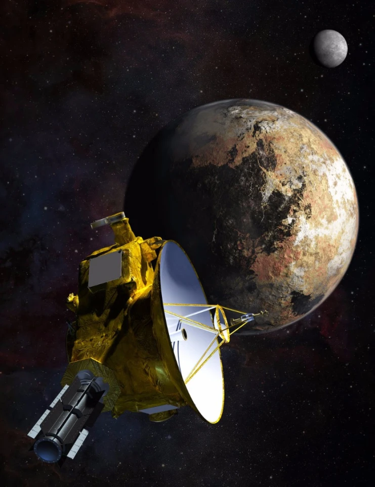Artist’s concept of the New Horizons spacecraft as it approaches Pluto and its largest moon, Charon, in July 2015