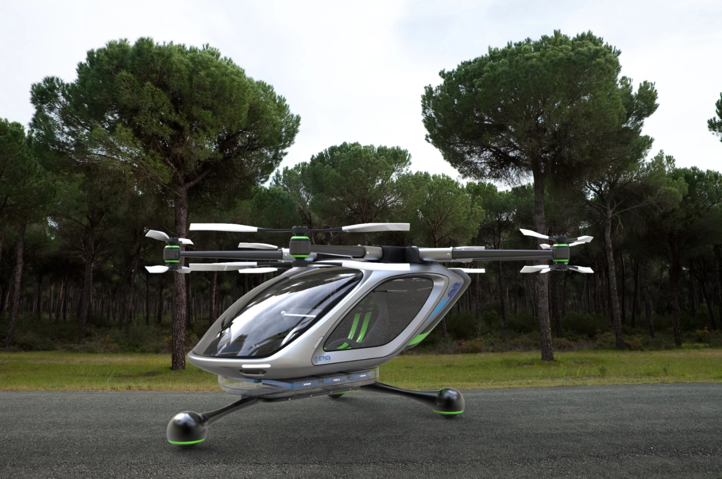 Computer render of Jetpack Aviation's electric VTOL concept, which is expected to have an initial 20-minute flight endurance, which will be extended either using a small generator, or as battery technology develops