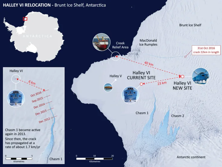 Map of the Brunt Ice Shelf showing the details of the move