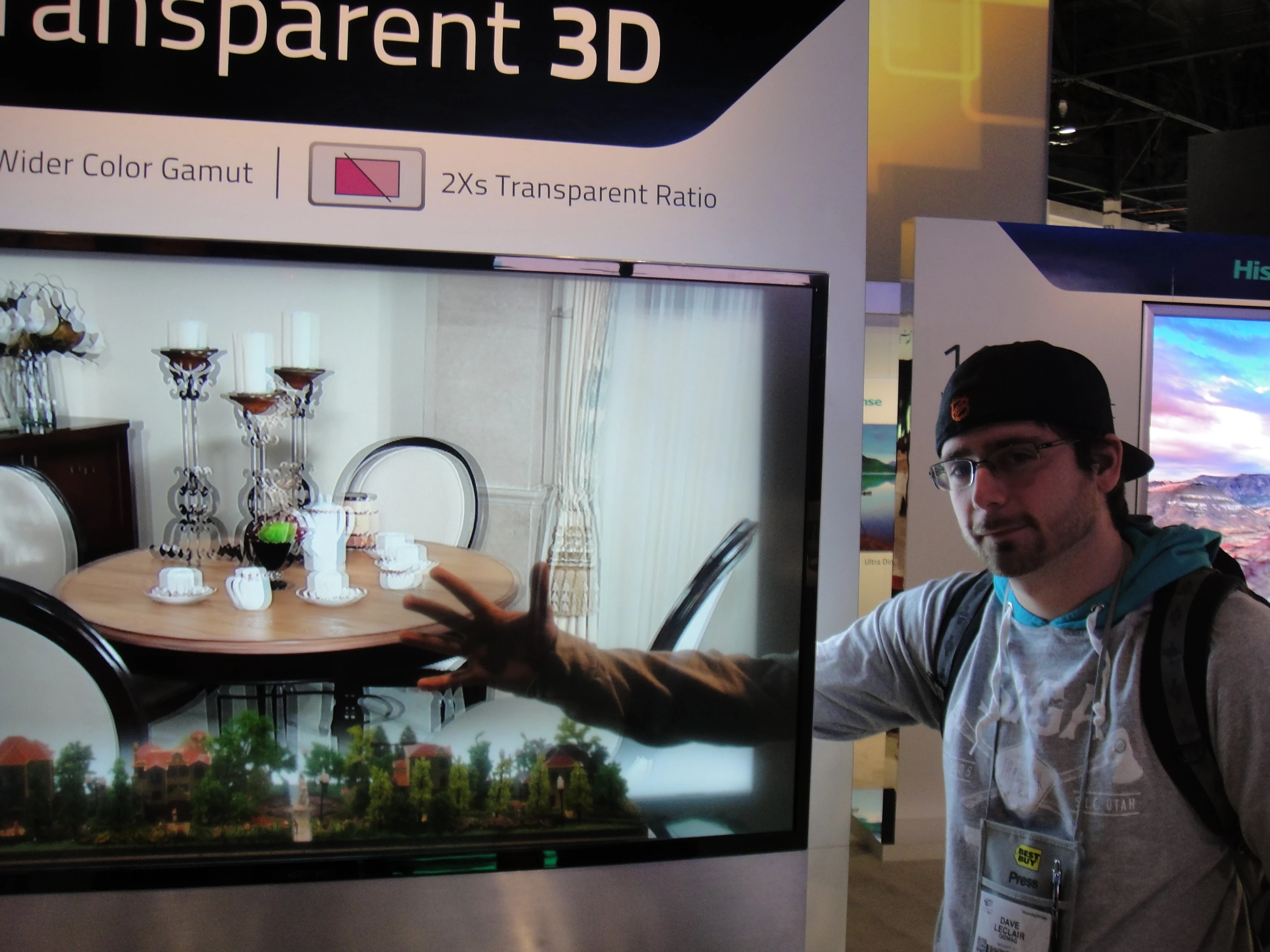 Gizmag's Dave LeClair, demonstrating the transparent 3D TV