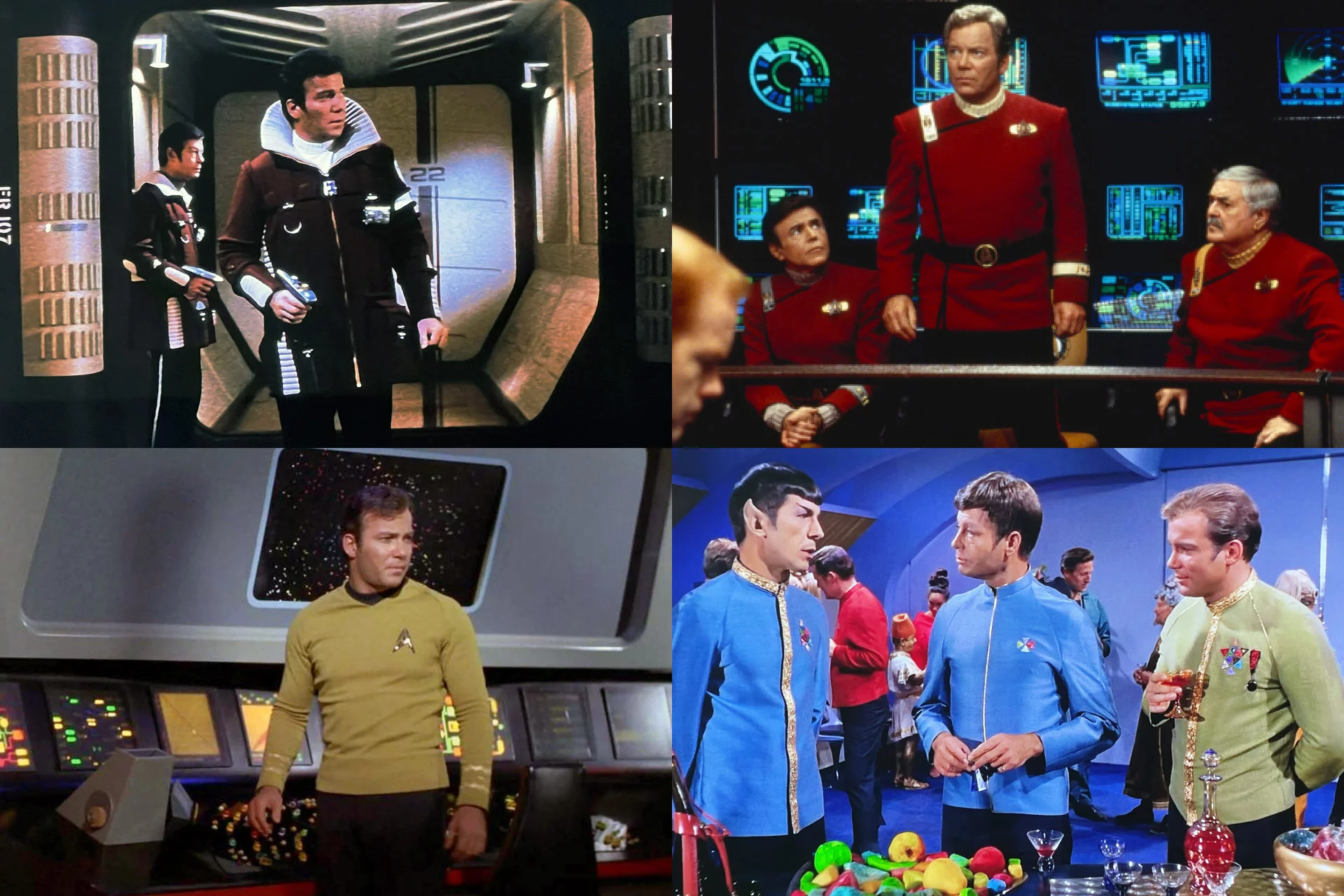 From top left, William Shatner costumes worn as Captain Kirk dominated the wardrobe part of the auction, with this Starfleet Field Uniform from "Star Trek II: The Wrath of Khan" (Paramount, 1982) setting a record for a Star Trek costume at $150,000. At top right, the heavy red wool Admiral's Starfleet collarless uniform Ensemble from "Star Trek VII: Generations (Paramount, 1994)" fetched $103,125. At bottom left, the two-piece Starfleet Ensemble from Season 3 of "Star Trek: The Original Series" fetched $100,000 while at bottom right, the Starfleet Formal Dress Tunic fetched $93,750.