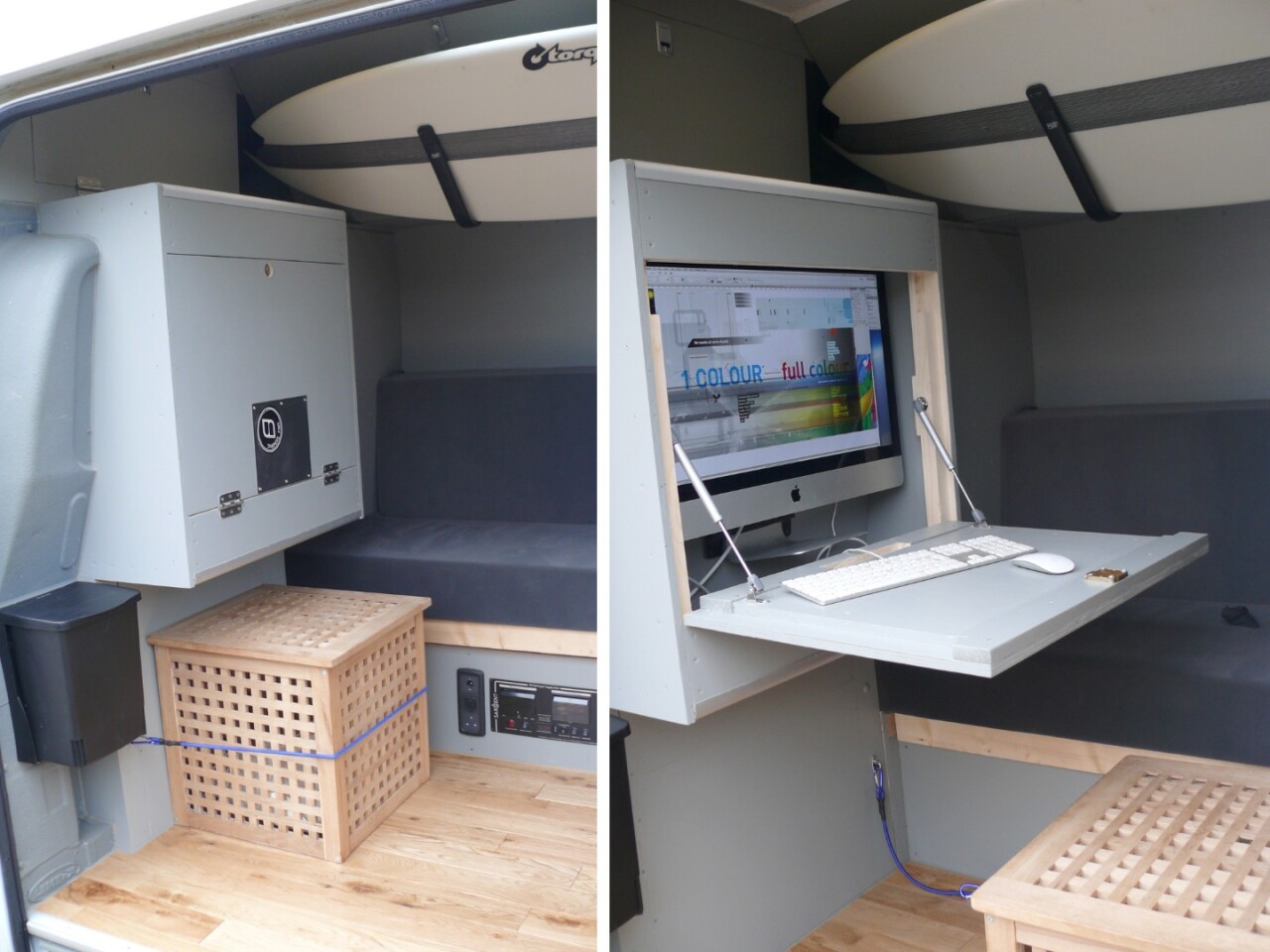 The highlight of Clarke's build is the streamlined office area, a computer cabinet that drops down to work as a desk