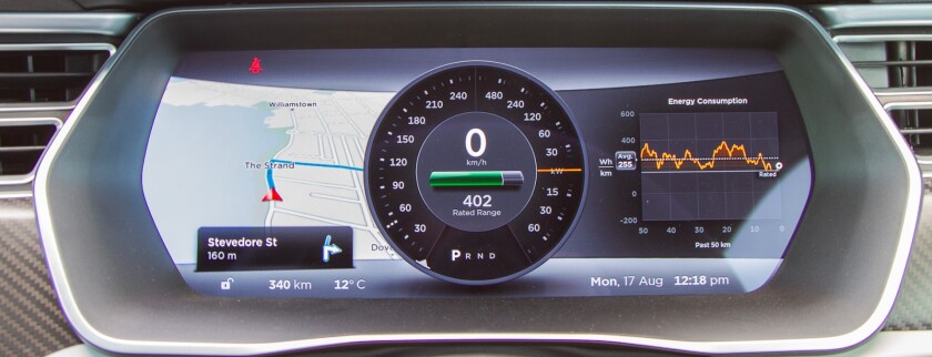The car's driver display changes depending on what the 17-inch screen is doing