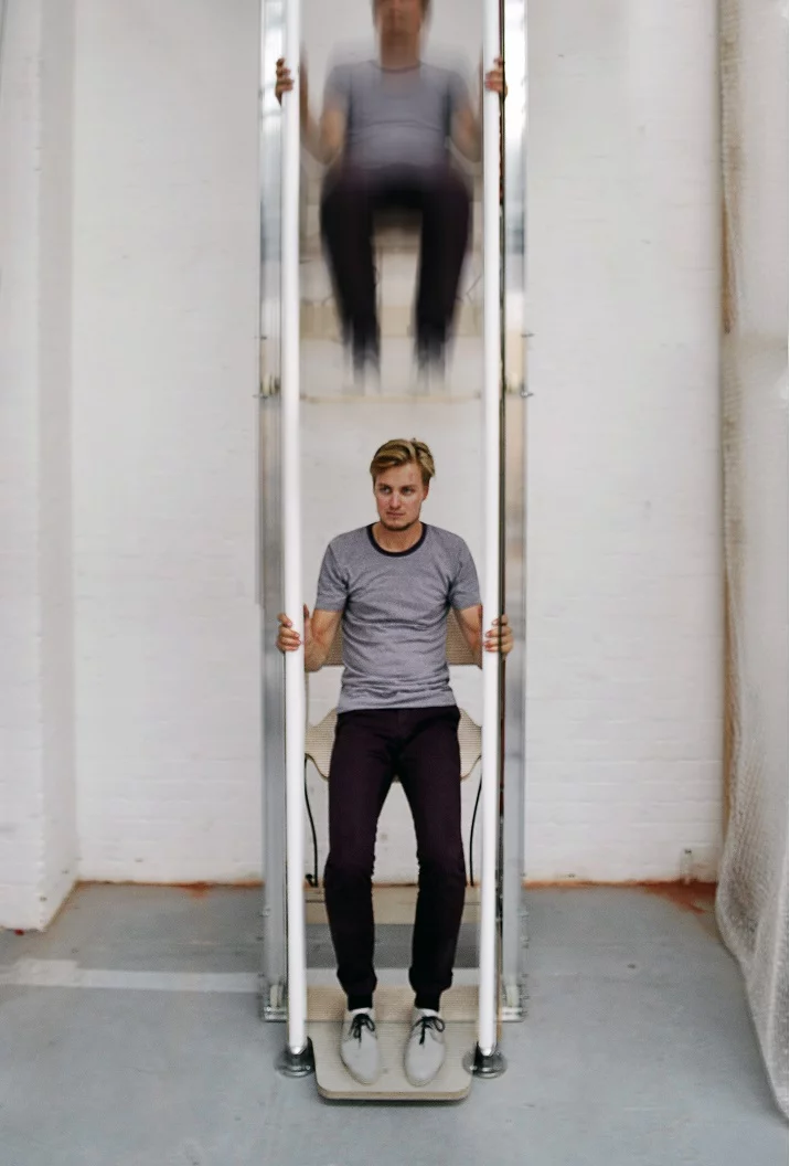 An experimental prototype designed by Rombaout Labs and dubbed "Vertical Walking" uses human power to allow movement between floors of a building with only ten percent of the effort needed to climb stairs and without the need for any external power