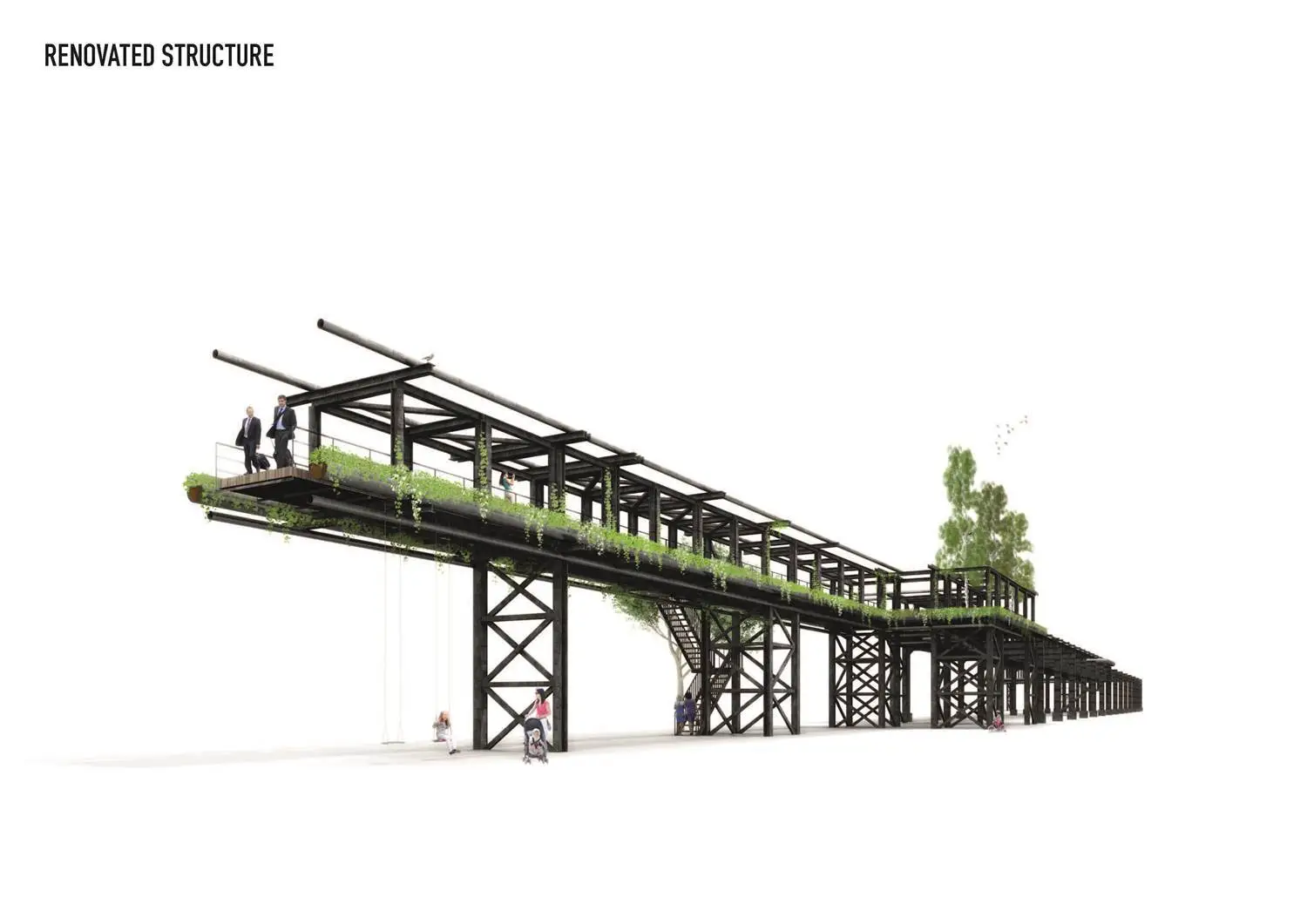 An elevated pathway (or "sky walk") that recalls New York's High Line will also be made from an existing factory transportation system (Image: MVDRV)