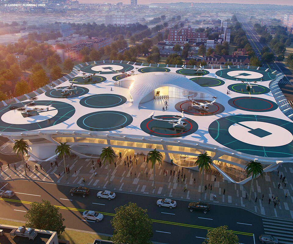 The Skyport proposed by American engineering firm Gannett Fleming is to make use of a wire-guided robot that rotates the aircraft on the launchpad, positioning it for landing, loading, charging and taking off