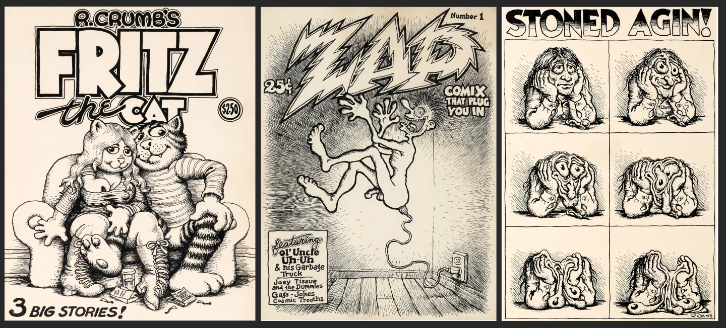 Original cover art by Robert Crumb for his underground comic classic Fritz the Cat sold for $717,000 in 2017, surpassing Batman, Spiderman, The Incredible Hulk, Superman et al., to become the most valuable piece of American comic art ever sold. Later in 2017, Crumb’s unused cover art for Zap Comix #1 sold for $525,800 at auction, and in 2019, Crumb’s "Stoned Agin!" cartoon art sold for $690,000.