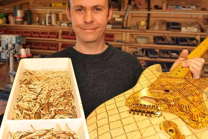 Luthier Dean Fraser with his matchstick 1954 Stratocaster tribute guitar